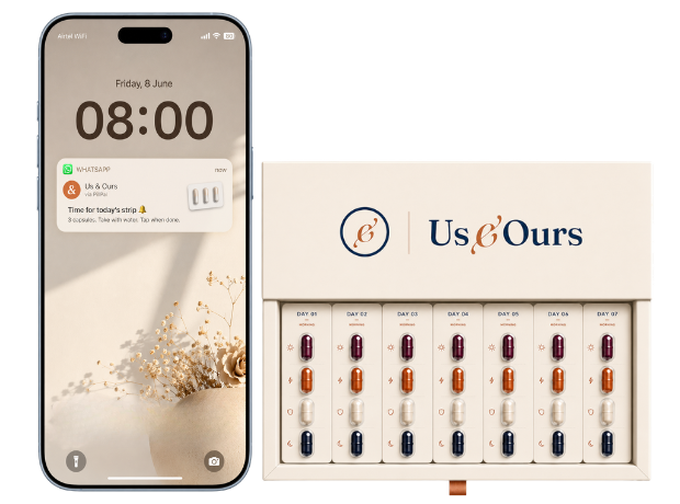 A phone showing the PillPal WhatsApp reminder beside the seven-day Us & Ours blister box